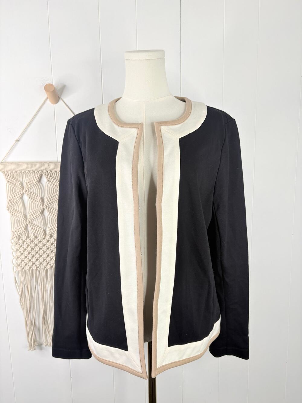 Talbots Collarless Blazer Jacket Size Large Black Colorblock Trim Open Front